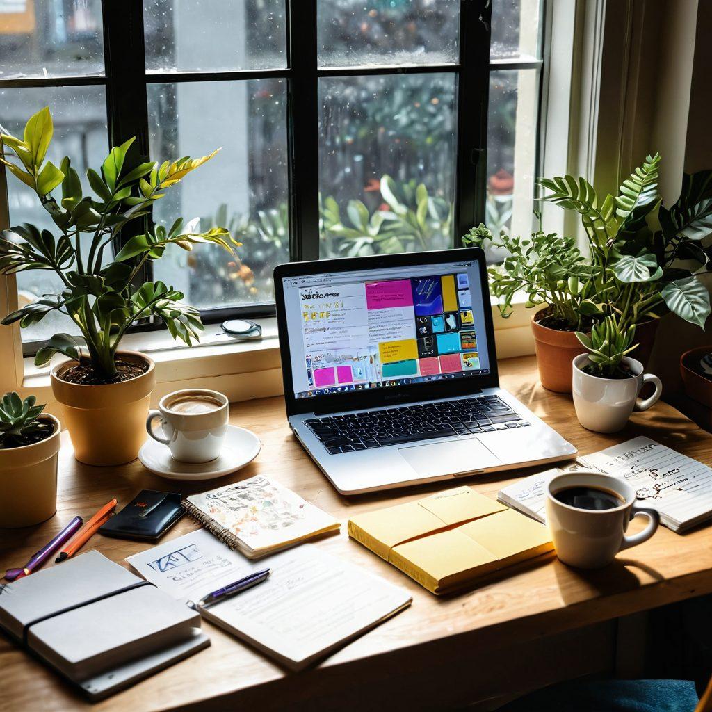 A visually engaging workspace featuring a laptop open to a vibrant online journal, surrounded by notebooks, colorful pens, and inspirational quotes on sticky notes. The scene captures sunlight streaming through a window, symbolizing creativity and inspiration, with playful elements like coffee cups and plants adding a cozy feel. The overall mood is uplifting and inviting, encouraging content creation. vibrant colors. 3D. soft lighting.