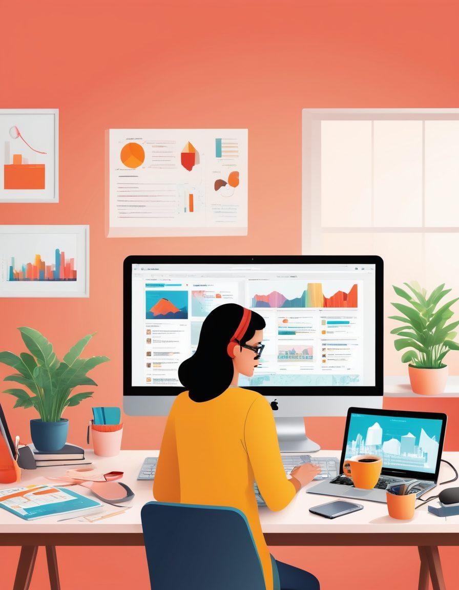 A dynamic scene depicting a blogger transforming their personal blog into a polished media platform. Show a split-screen: one side with cozy home office aesthetics, a laptop and coffee, transitioning to a vibrant newsroom filled with screens showcasing analytics and social media. Incorporate elements like a rising graph, a microphone, and diverse people engaging with the content. bright colors. modern illustration style.
